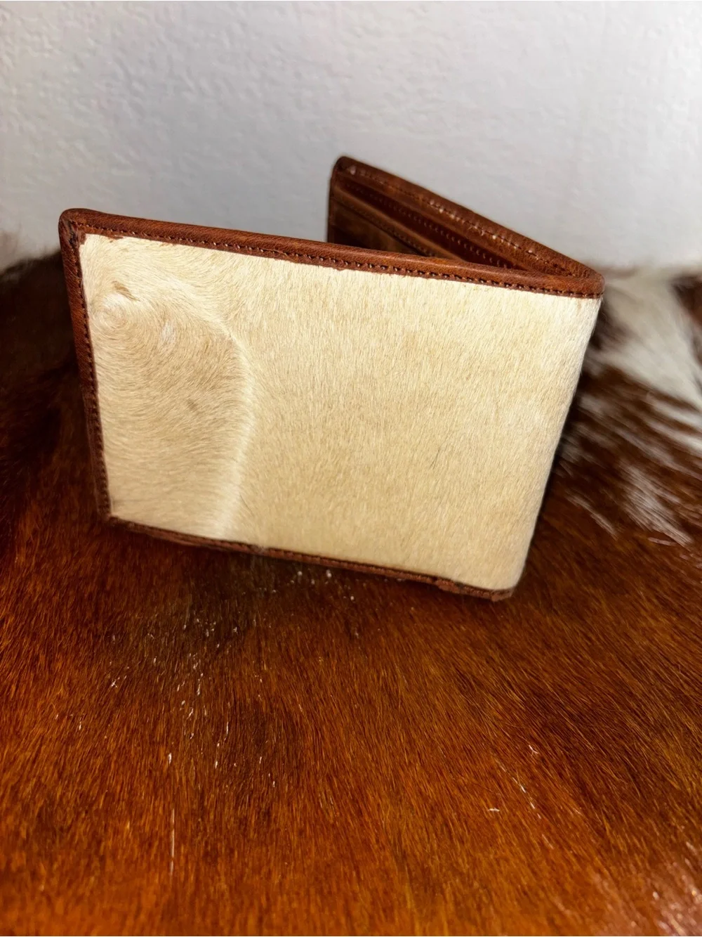 Leather Bifold Wallet with Cream and Black Hair-On Hide
